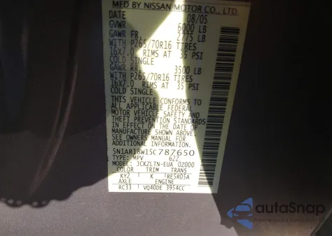 2005 Nissan Pathfinder Se из США, поврежденный, VIN 5N1AR18W15C787650